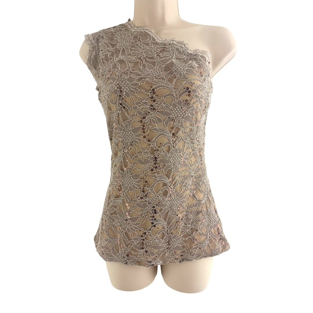 Boston Proper Beige Tan Sparkly Lace One Shoulder Lined Top Shirt‎ Tank Size XS